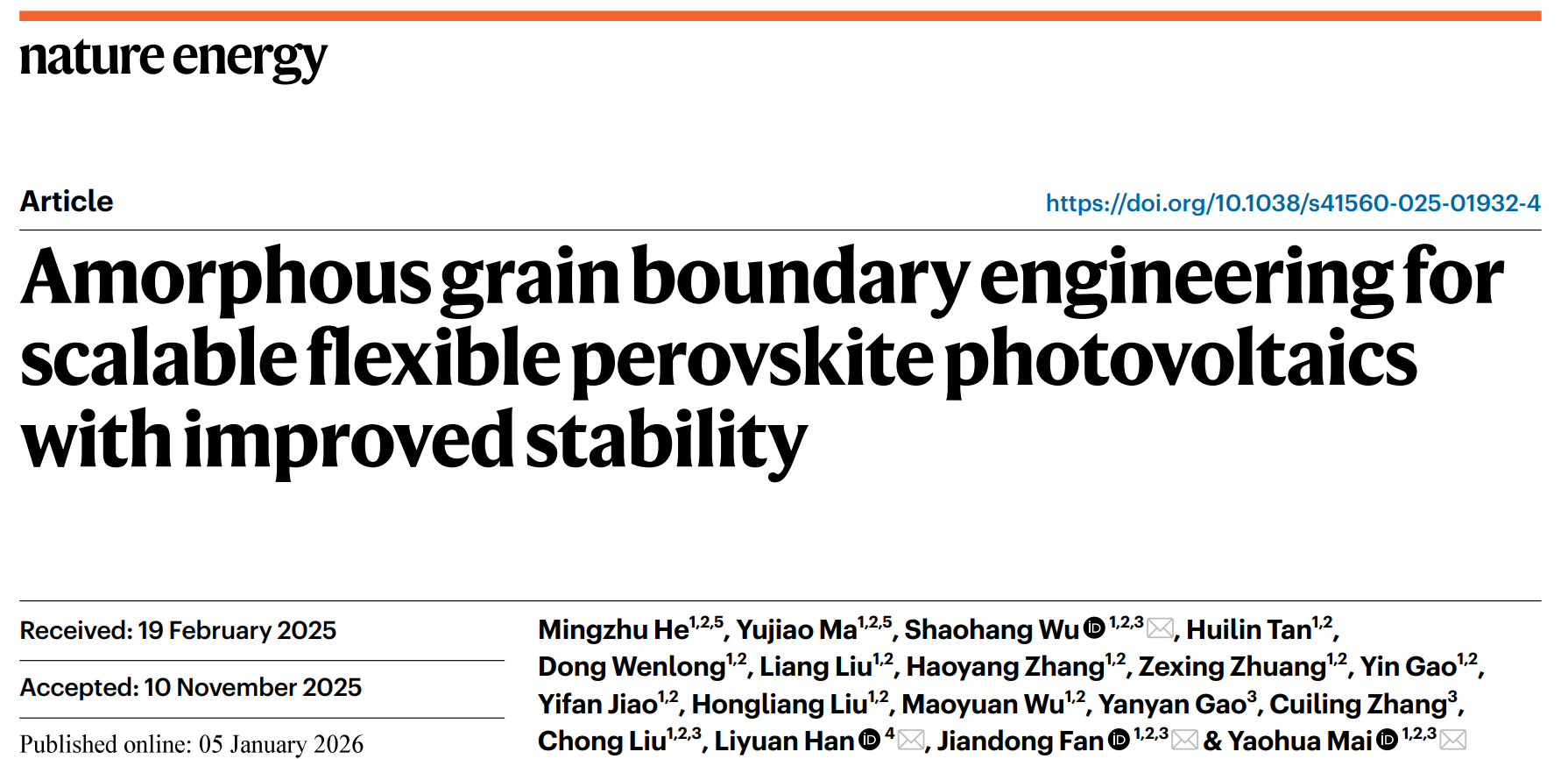 脉络能源Nat. Energy: 非晶晶界工程提升大面积柔性钙钛矿组件效率和稳定性